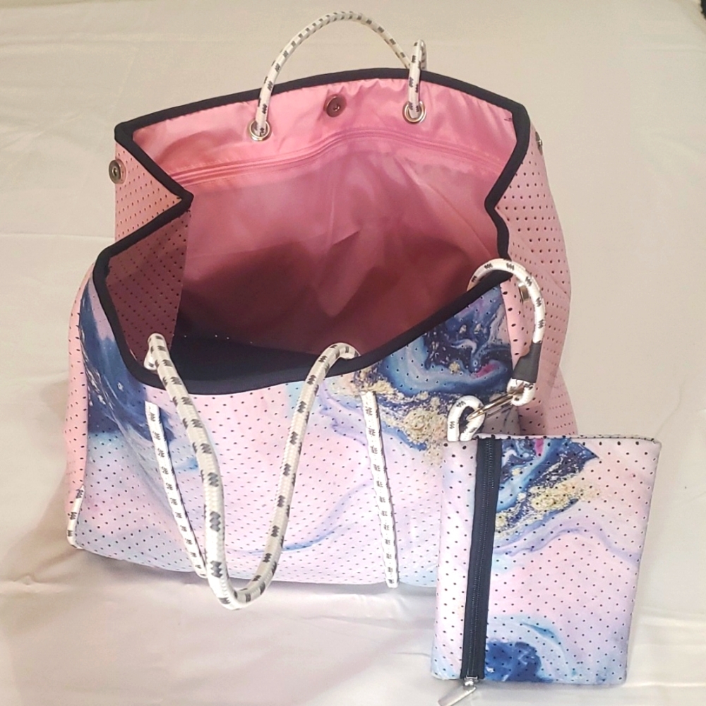 Neoprene Pink Marble Tote Bag with Wristlet NWOT